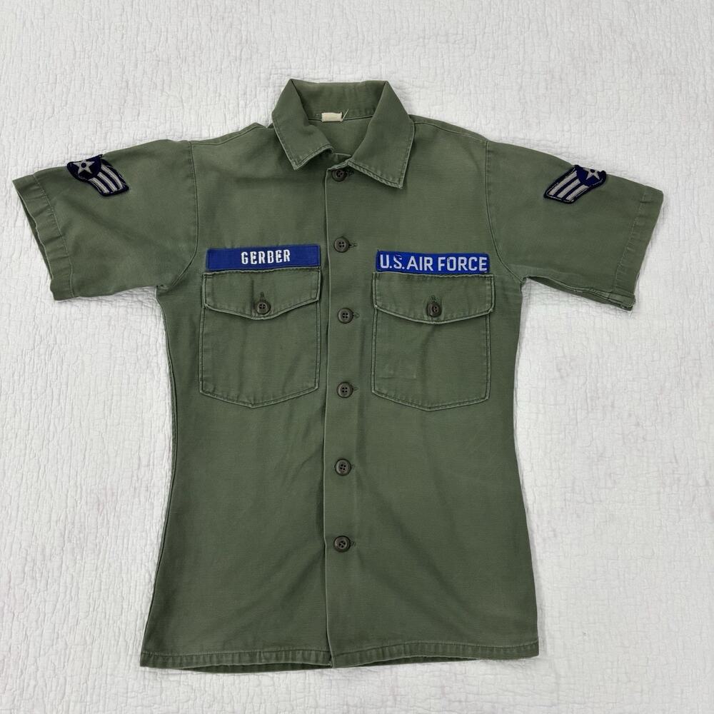 Vintage U.S. Air Force Shirt Mens 14.5x33 Green OG-507 Utility Short Sleeve 70s